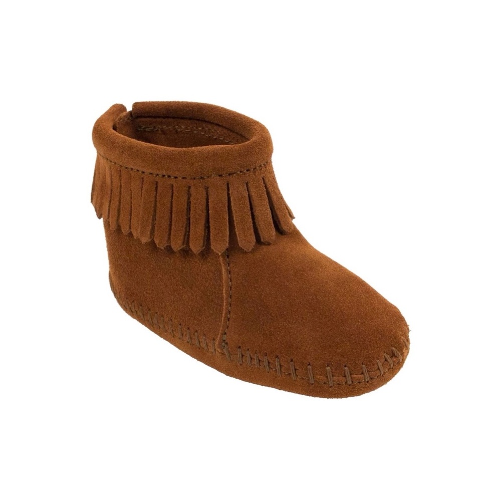 Minnetonka Brown Back Flap Fringe Baby Bootie Slip On Moccasins Boots Size 1